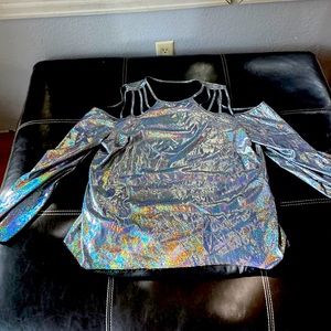 Holographic open shoulder top